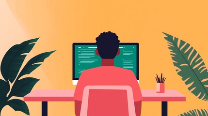 A digital illustration showing a person sitting at a desk, working on code with plants around, creating a modern workspace.
