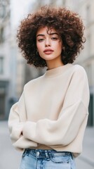 Wall Mural - A young woman with natural, curly hair wearing a casual, oversized sweater and jeans, standing confidently in a minimalist urban setting, highlighting effortless style and comfort