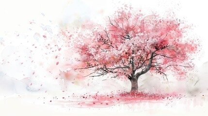 Beautiful watercolor illustration of a blossoming pink tree surrounded by soft, dreamy colors and falling petals.