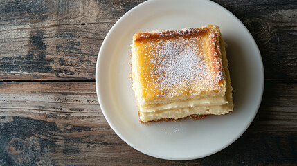 Canvas Print - Delicious cheesecake slice with powdered sugar is lying on a white plate on a wooden table