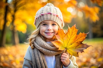 Wall Mural - Young girl holding large autumn leaf, dressed warmly in knitted hat and scarf, smiling amid fall foliage