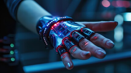 Futuristic robotic hand with glowing lights, showcasing advanced technology and innovation in digital interface design.
