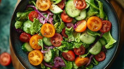 Fresh vegetable salad. Healthy food. Healthy eating concept. Top view close up