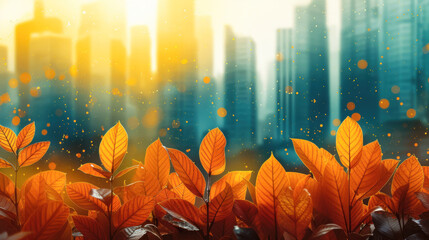 Sticker - A city skyline with a field of orange leaves in the foreground