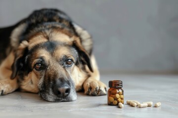 Sad-looking dog lying down next to a bottle of pills on the floor. Represents themes of pet health and medication, ideal for veterinary or pet care content.