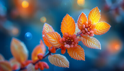 Wall Mural - A close up of a flower with a blue background. The flower is orange and has a frosty appearance