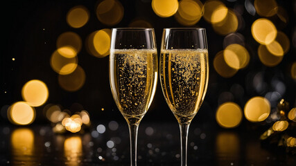 Two champagne glasses with bubbling sparkling liquid and festive golden bokeh lights in the background.