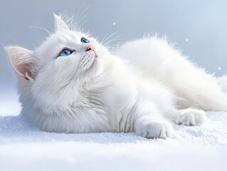 A serene white cat with striking blue eyes rests gracefully on a soft, snowy surface, embodying tranquility and elegance.