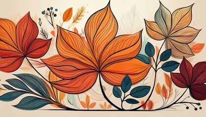 Canvas Print - A fall icon line art image with abstract florals and leaves. Modern illustration suitable for autumn banners, prints, floral wall art, home decor pictures and fabrics.