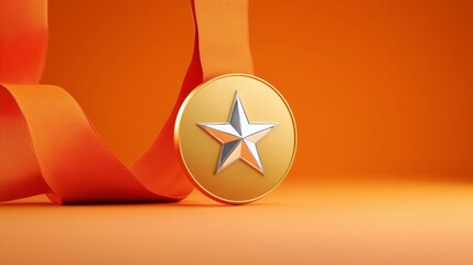 Gold medal with a silver star and an orange ribbon against an orange background Created with Generative AI.