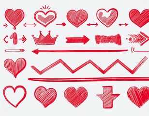 Wall Mural - A hand drawn red highlight, text underline, emphasis mark, and line shape set. A hand drawn scribble arrow, love heart, speech bubble, and crown element are drawn using markers and pen brush strokes.