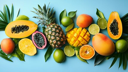 Top view creative layout with exotic summer fruits: papaya, pineapple, lime, yellow mango and passion fruit on light blue background