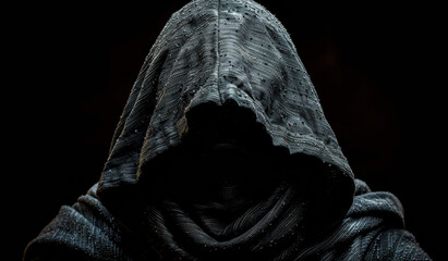 A hooded figure is shown in a dark room. The hood is pulled up, covering the face and creating a sense of mystery and darkness. The image evokes a mood of suspense and intrigue