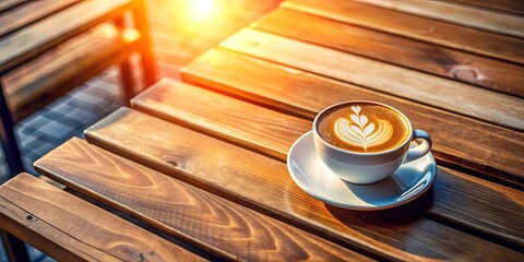 Wall Mural - Top view of a cup of coffee on a wooden table in a sunny cafe