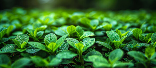 Wall Mural - A lush green field of plants with dew on the leaves. Concept of freshness and vitality