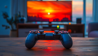 A black controller is sitting on a wooden table in front of a television. The controller is red and black and has a sun on the screen. The sun is setting, creating a warm and cozy atmosphere