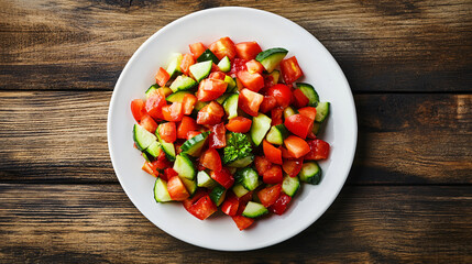 Poster - Fresh cucumber and tomato salad on a white plate placed on a rustic dark wooden table