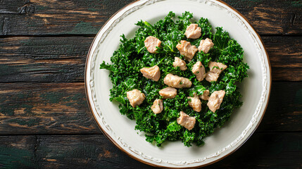 Kale and roasted chicken breast warm salad presented on a dark wooden background with a white plate