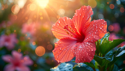 Wall Mural - A red flower with dew drops on it. The flower is surrounded by green leaves. The image has a bright and cheerful mood