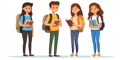 Cheerful college students with books and backpacks standing together. Teen girls and guys meeting and talking. illustration for communication, studying, school friends, youth, teenagers, Generative AI