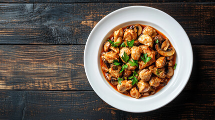 Wall Mural - Savory chicken stew with mushrooms, herbs and spices in a flavorful sauce, presented on a white plate on a rustic wooden table