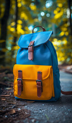 Wall Mural - A blue and yellow backpack is sitting on a sidewalk. The backpack is made of leather and has a brown strap. The backpack is placed on a concrete surface, and the surrounding area is filled with trees