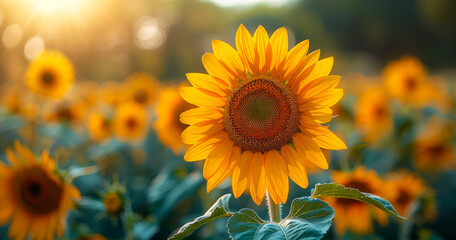 Wall Mural - A single yellow sunflower is the center of a field of yellow flowers. The sunflower is surrounded by other sunflowers, creating a vibrant and cheerful scene