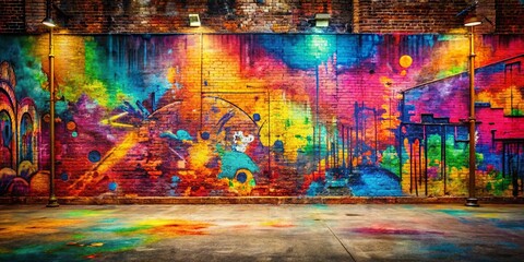 Colorful and vibrant grunge art wall with urban background