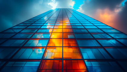 A tall building with a lot of windows and a reflection of a fire in the glass. The building is surrounded by clouds and the sky is blue