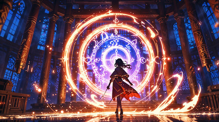 An anime mage casts a powerful spell in a mystical temple, with swirling magical energy and ancient runes glowing on the walls, showcasing arcane power.