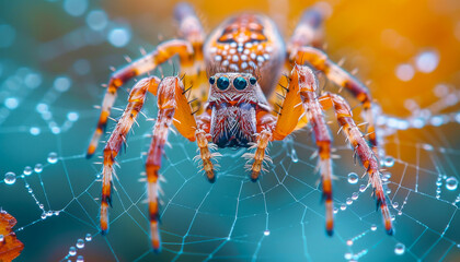 A spider is standing on a web with water droplets on it. The spider is brown and white with black eyes