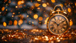 © Анна Терелюк - A gold clock with roman numerals on it sits on a table covered in glitter. The clock is surrounded by a sparkling, festive atmosphere, which suggests that it is a special occasion or holiday