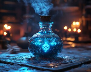 Potion with vibrant, sparkling liquid on a dark, ancient ritual altar, eerie glowing runes, high detail, mystical and haunting