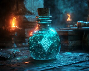 Potion with vibrant, sparkling liquid on a dark, ancient ritual altar, eerie glowing runes, high detail, mystical and haunting