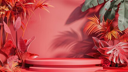 Wall Mural - Vibrant tropical paradise: red and pink podium surrounded by lush exotic foliage, creating a dramatic, eye-catching display for product showcase or design.