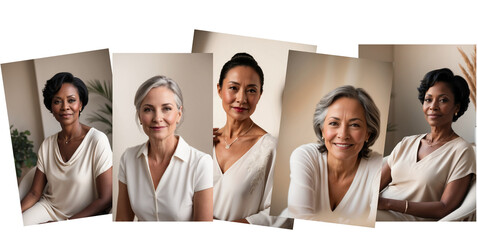 multi ethnic group of women of menopause age satisfied, confident and happy over white isolated background 