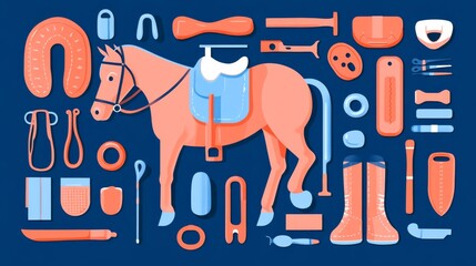 Wall Mural - A colorful drawing of a horse and various horse-related items. The horse is the main focus of the image, with a saddle and bridle placed on its back. The surrounding items include a saddlebag