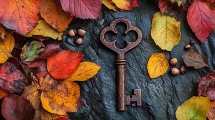 A vintage key rests on dark stone surrounded by vibrant autumn leaves in warm colors. The scene evokes feelings of nostalgia and curiosity, perfect for illustrating history or mystery. AI