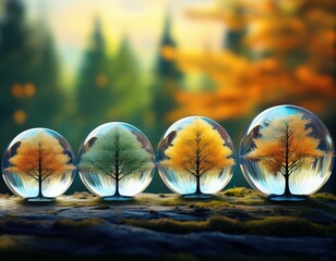 crystal spheres with trees inside are lined up side by side against a blurry natural background. reflects a separate phase of tree development from autumn to winter.