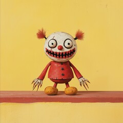 Sinister Wind-Up Clown Doll on Dusty Shelf - Cartoon Style Yellow Background