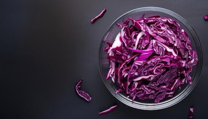 Canvas Print - Fresh Red cabbage in a bowl on a black background, top view