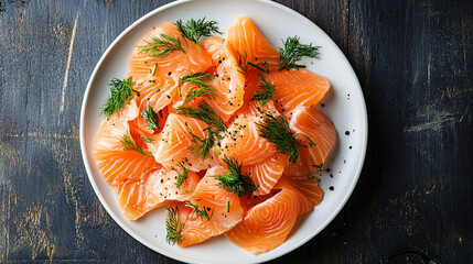 Salmon slices with dill and pepper arranged on a white plate atop a black wooden table