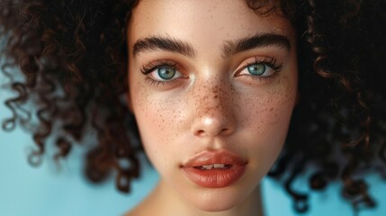 Wall Mural - Close-up of young woman’s face with curly short black hair on simple neutral background. Concept of improving hair appearance, revealing femininity and attractiveness, developing hairdressing business