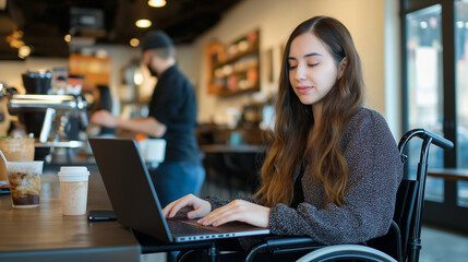 A young woman in a wheelchair participating in a lively group study session at a coffee shop, her laptop open in front of her, with a barista preparing drinks in the background.