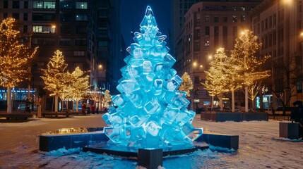 Glowing ice sapphire Christmas tree on the city square. Christmas and New Year celebration concept.
