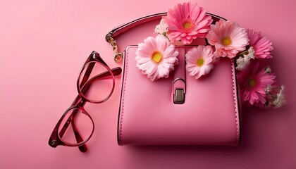 Featuring flowers and glasses on a pink background, this purse is pink in color.