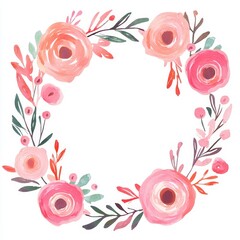 Wall Mural - Elegant floral collection with isolated flowers and leaves in a circle frame in watercolor.