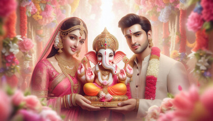  beautiful indian couple holding lord ganesha sculpture in hand