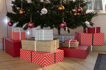 Gift boxes under Christmas tree and decoration, 3d render