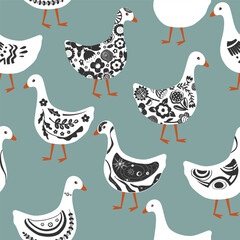 Wall Mural - Cute abstract painted cartoon geese seamless pattern. Doodle patterned goose collection. Rustic, nursery, folk, or Scandinavian style. Vector background.